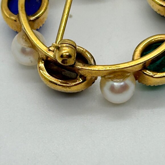 Vtg Wells Brooch Egyptian Revival Scarab Stone14k Gold-Filled Faux Pearl Wreath - Picture 5 of 14